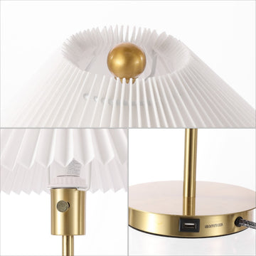 Freida 21.25" Modern Glam Metal Column LED Table Lamp with USB Charging Port and Pleated Shade - JONATHAN Y